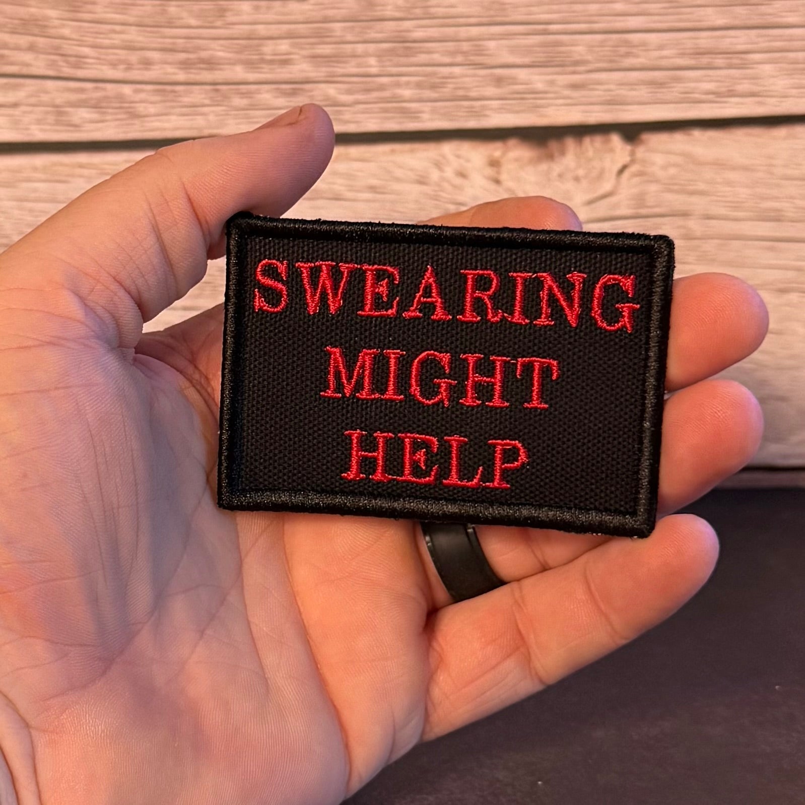 Swearing Might Help Funny Morale Patch, 2x3" | Made in USA | VELCRO® Brand Hook Backing - LoneStar Adhesive