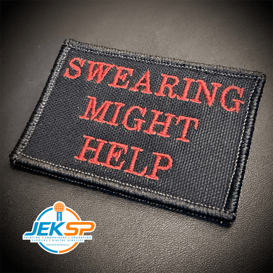 Front view of Swearing Might Help patch in black with red lettering