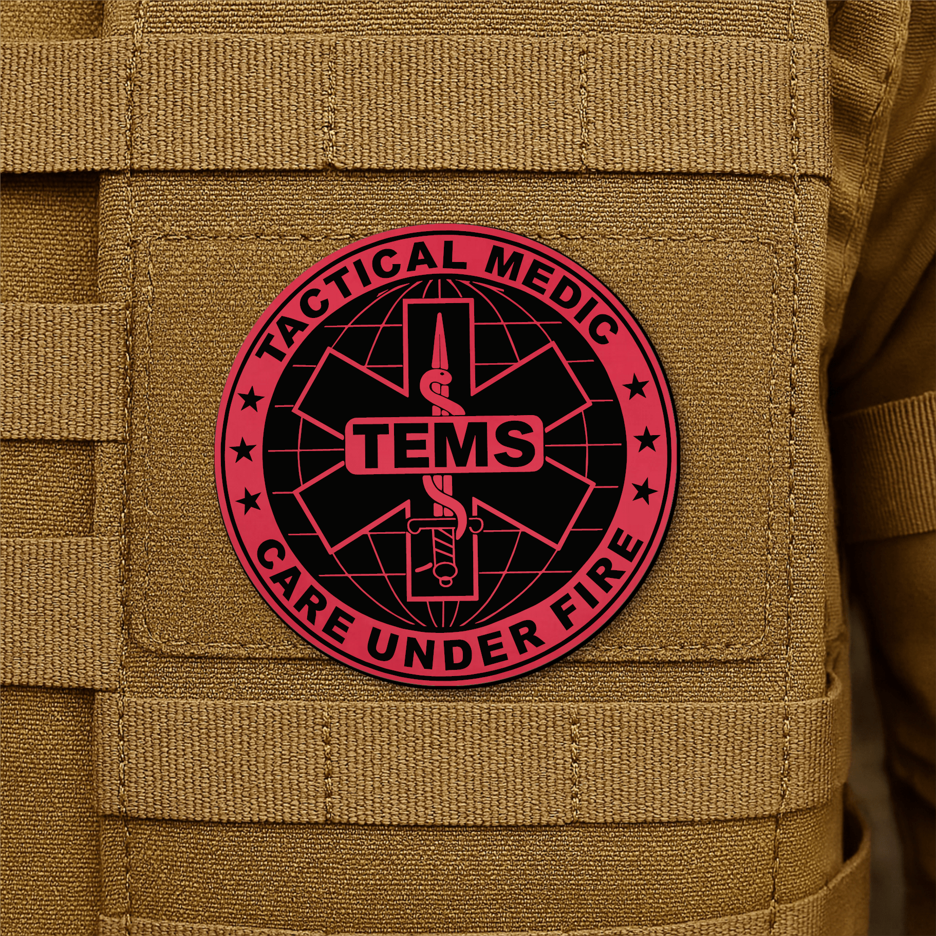 Tactical EMS Medic Morale Patch – 3” Round Hook & Loop Patch | Care Under Fire | Made in USA - LoneStar Adhesive