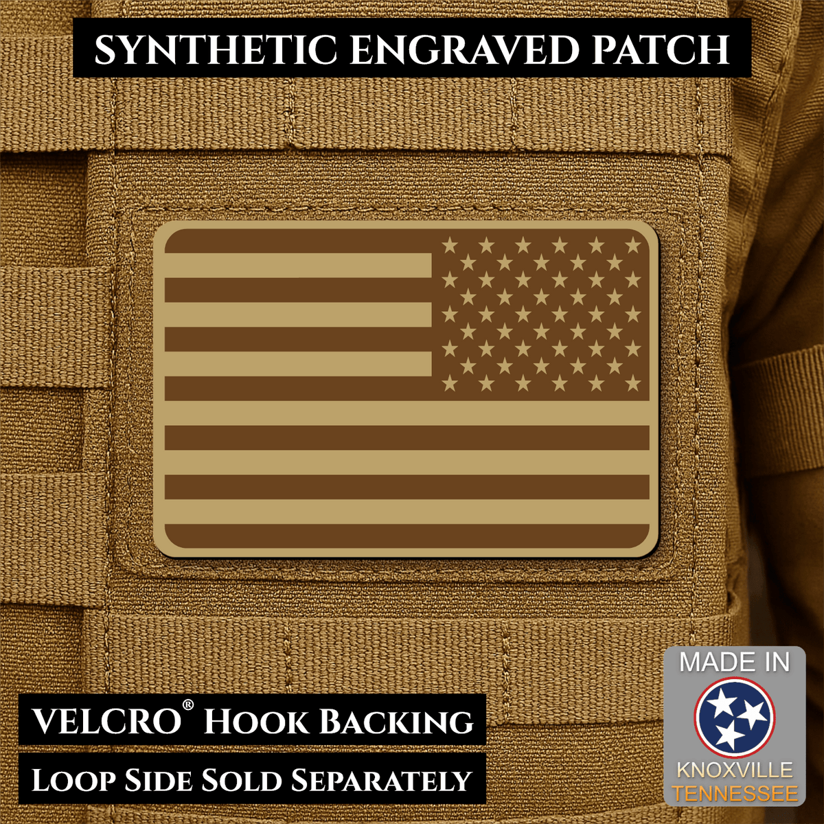 Tactical Synthetic Engraved American Flag Patch, 2x3" | Made in USA | VELCRO® Brand Hook Backing - LoneStar Adhesive