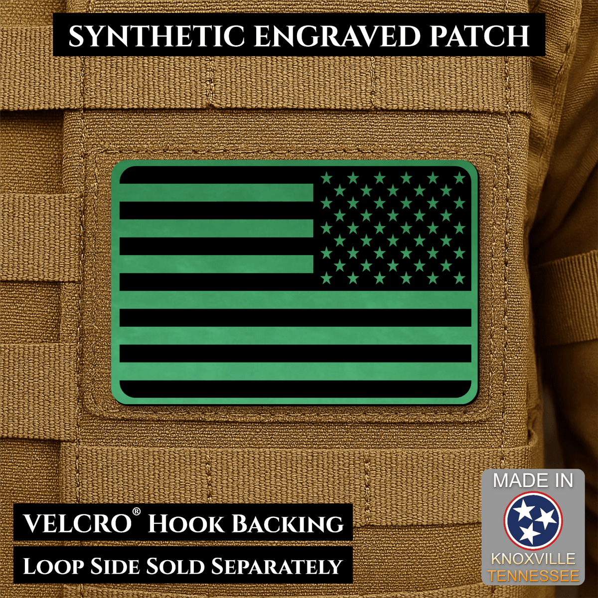 Tactical Synthetic Engraved American Flag Patch, 2x3" | Made in USA | VELCRO® Brand Hook Backing - LoneStar Adhesive
