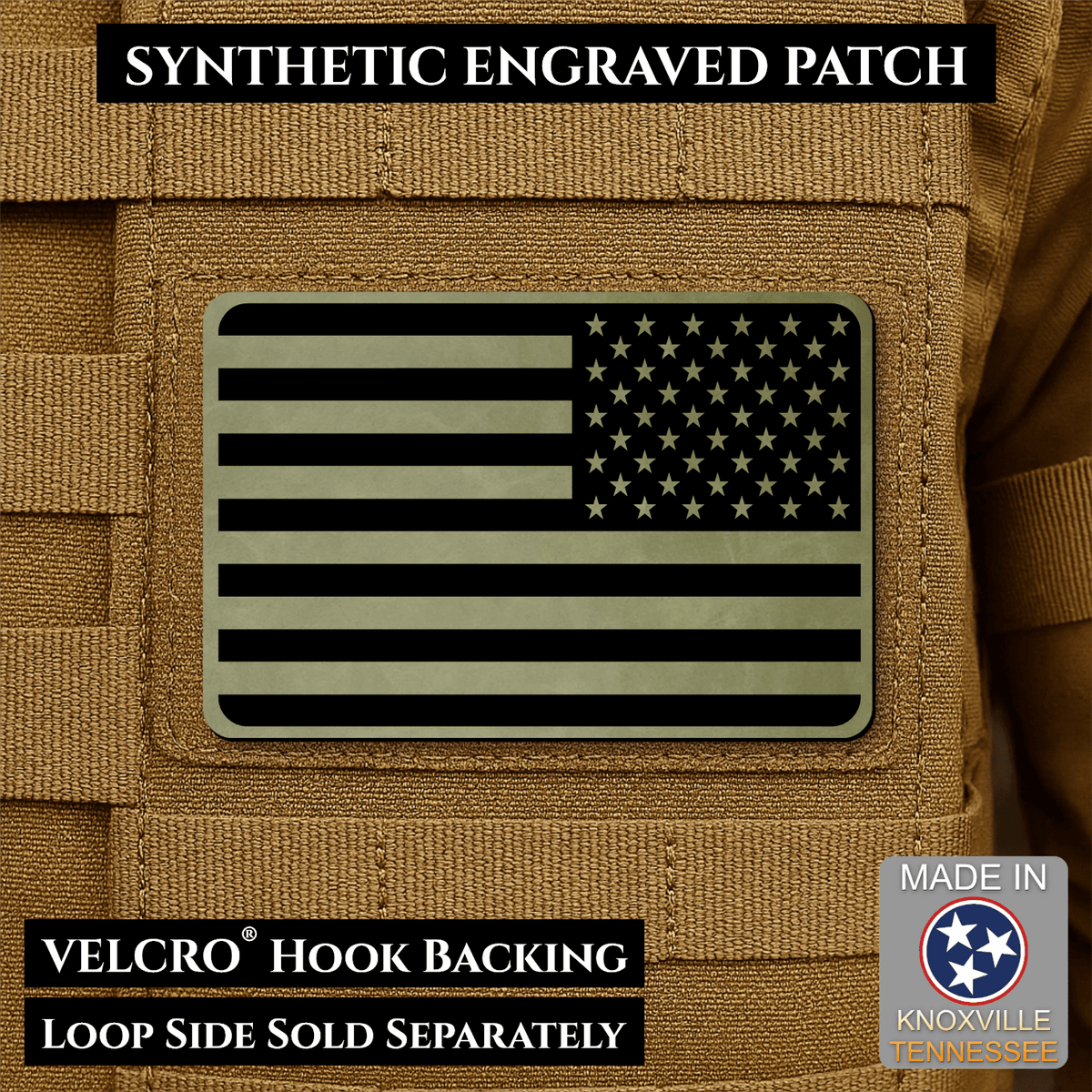 Tactical Synthetic Engraved American Flag Patch, 2x3" | Made in USA | VELCRO® Brand Hook Backing - LoneStar Adhesive