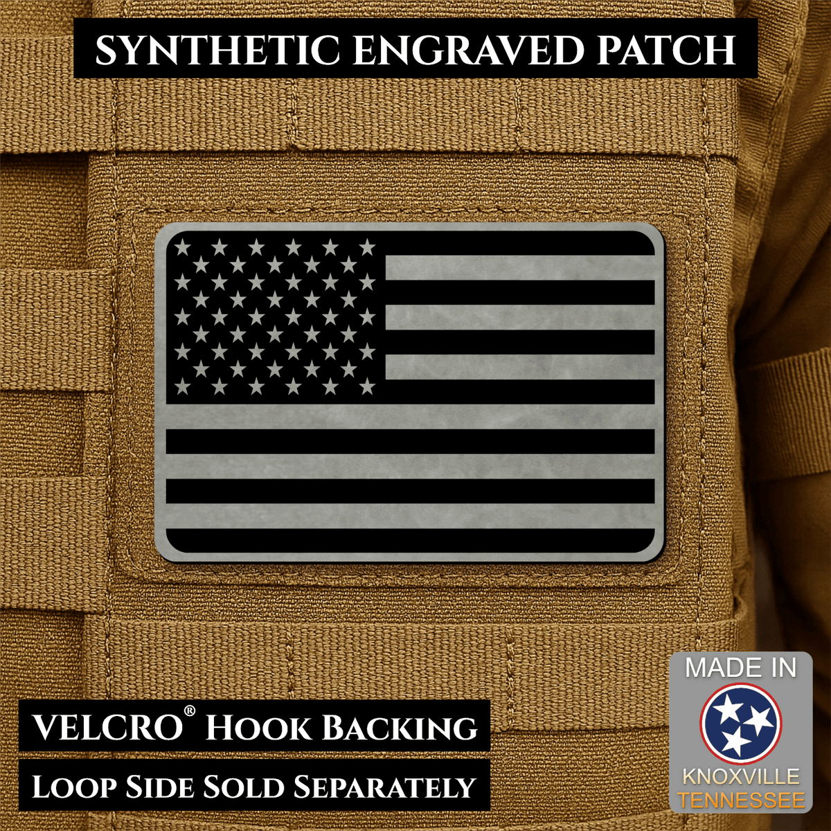 Tactical Synthetic Engraved American Flag Patch, 2x3" | Made in USA | VELCRO® Brand Hook Backing - LoneStar Adhesive
