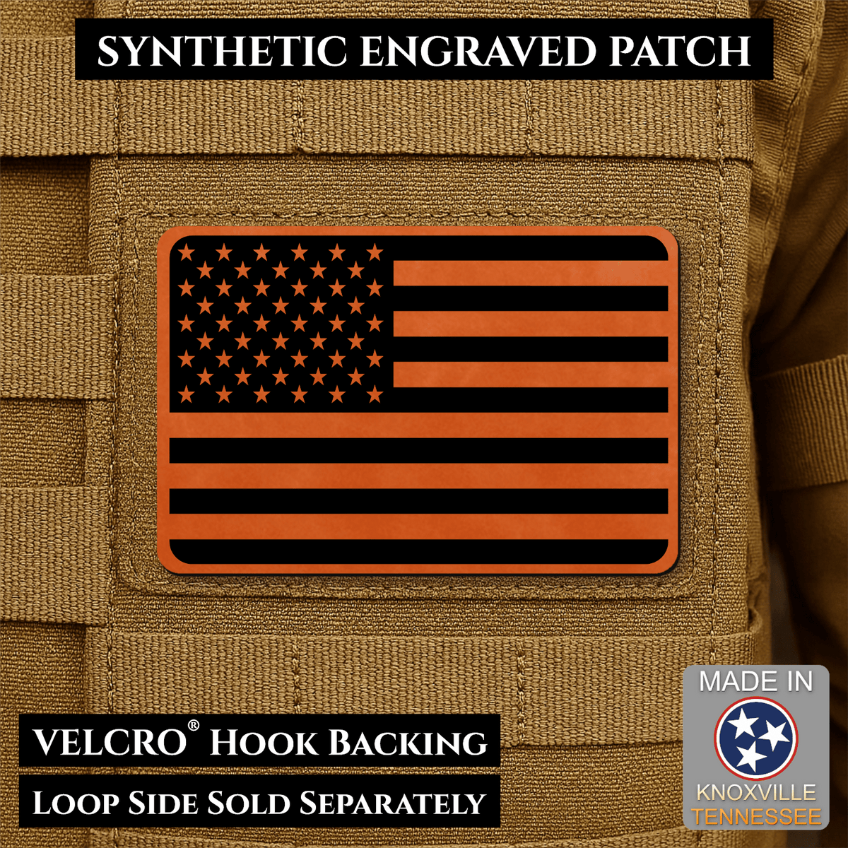 Tactical Synthetic Engraved American Flag Patch, 2x3" | Made in USA | VELCRO® Brand Hook Backing - LoneStar Adhesive