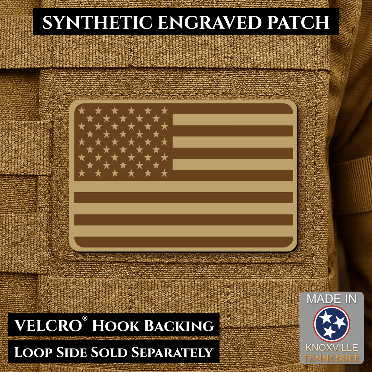 Tactical Synthetic Engraved American Flag Patch, 2x3" | Made in USA | VELCRO® Brand Hook Backing - LoneStar Adhesive