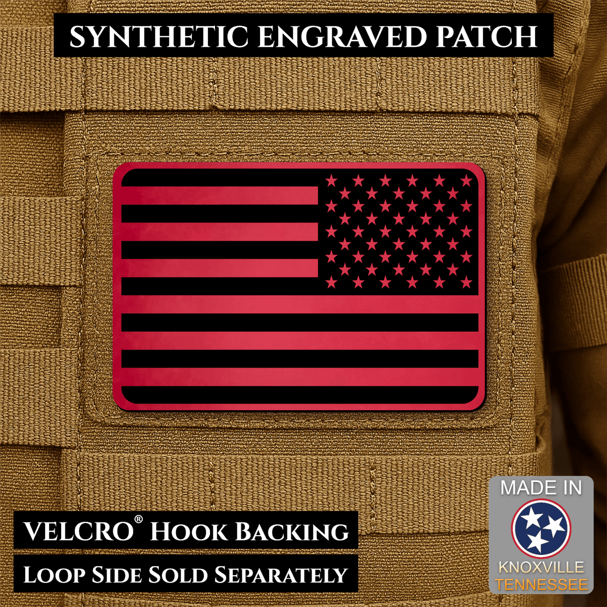 Tactical Synthetic Engraved American Flag Patch, 2x3" | Made in USA | VELCRO® Brand Hook Backing - LoneStar Adhesive