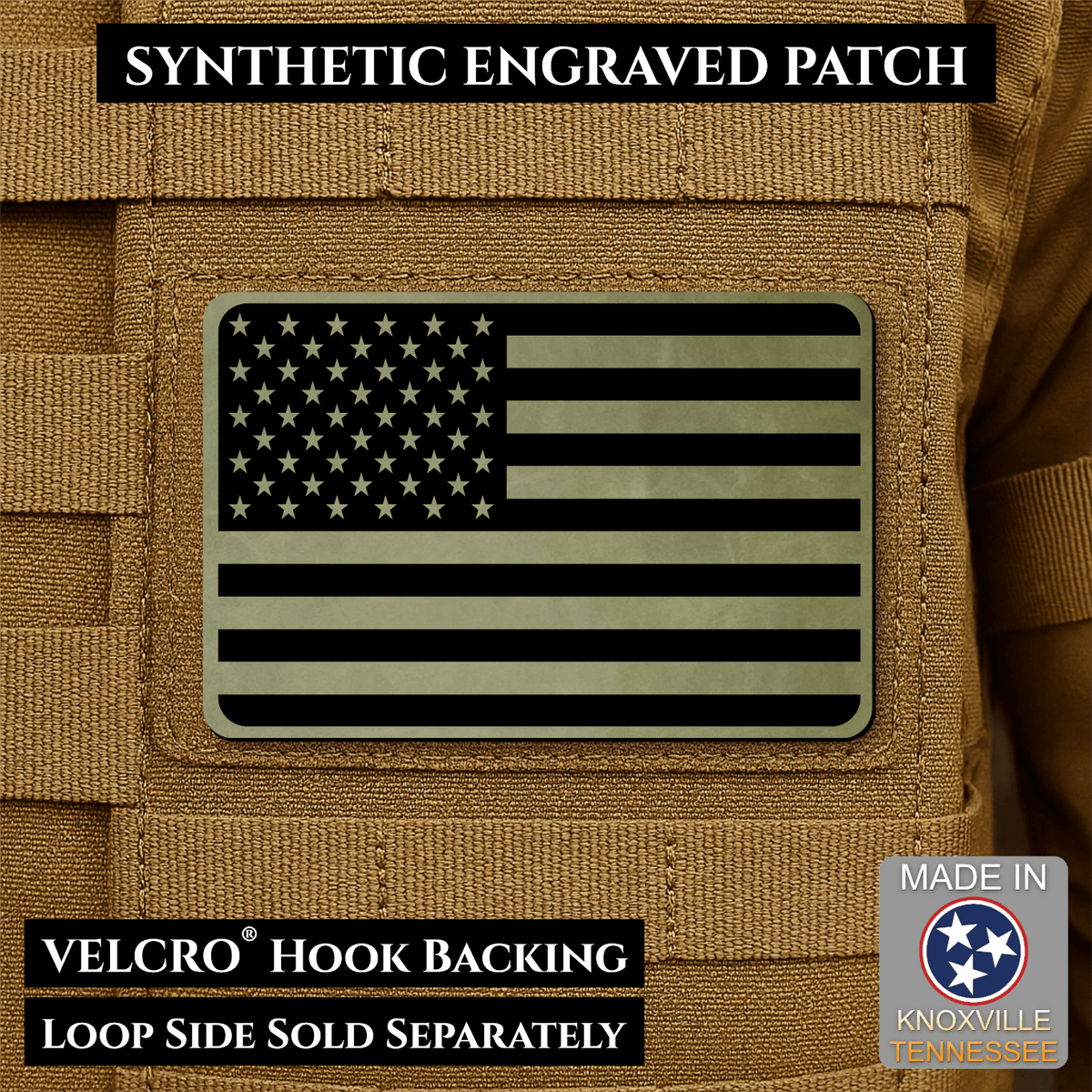 Tactical Synthetic Engraved American Flag Patch, 2x3" | Made in USA | VELCRO® Brand Hook Backing - LoneStar Adhesive