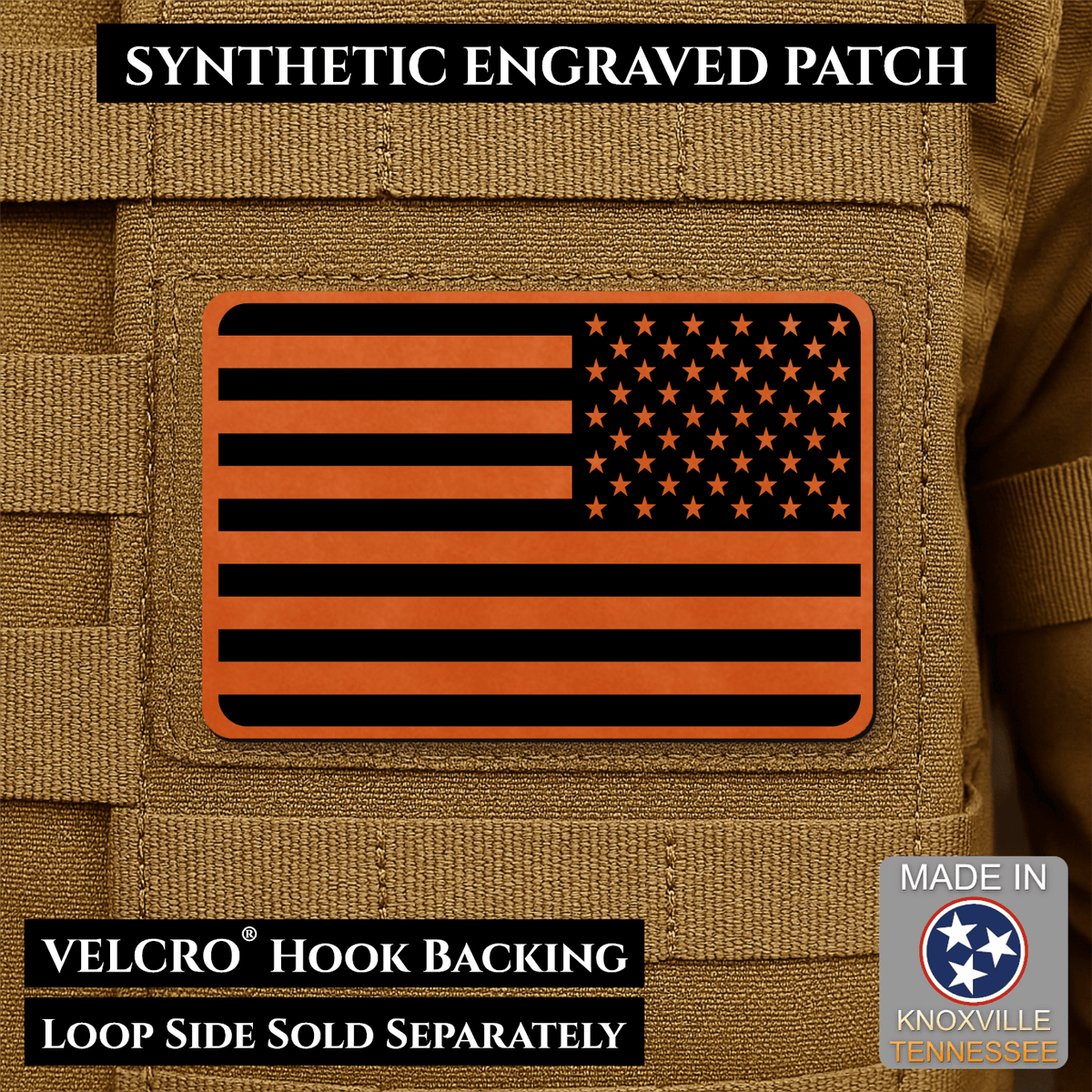 Tactical Synthetic Engraved American Flag Patch, 2x3" | Made in USA | VELCRO® Brand Hook Backing - LoneStar Adhesive