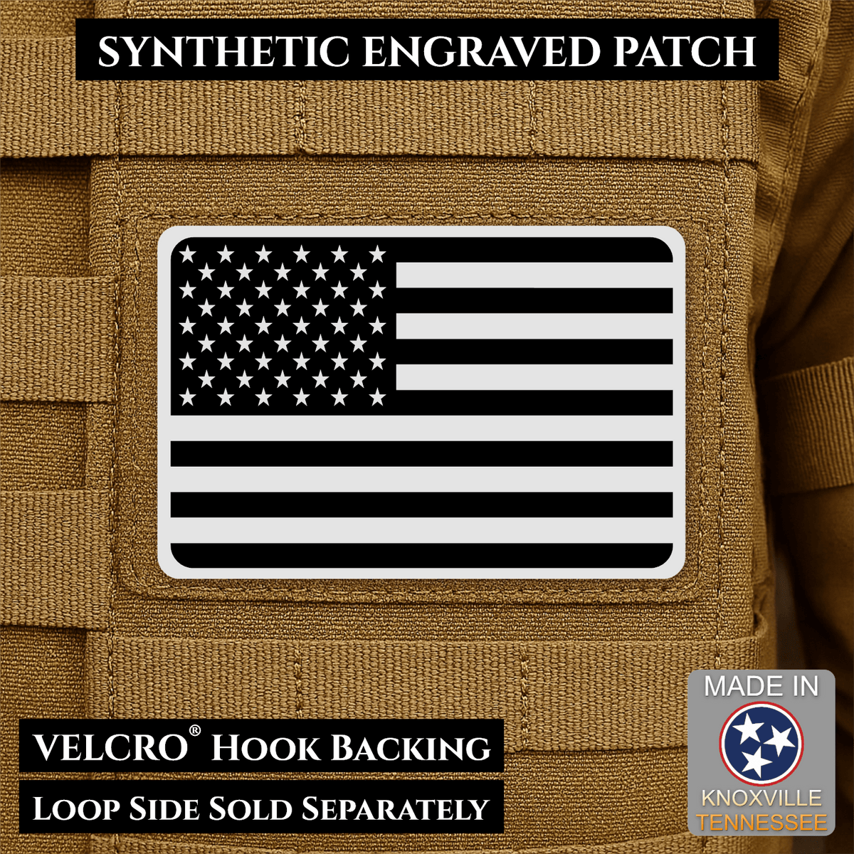 Tactical Synthetic Engraved American Flag Patch, 2x3" | Made in USA | VELCRO® Brand Hook Backing - LoneStar Adhesive