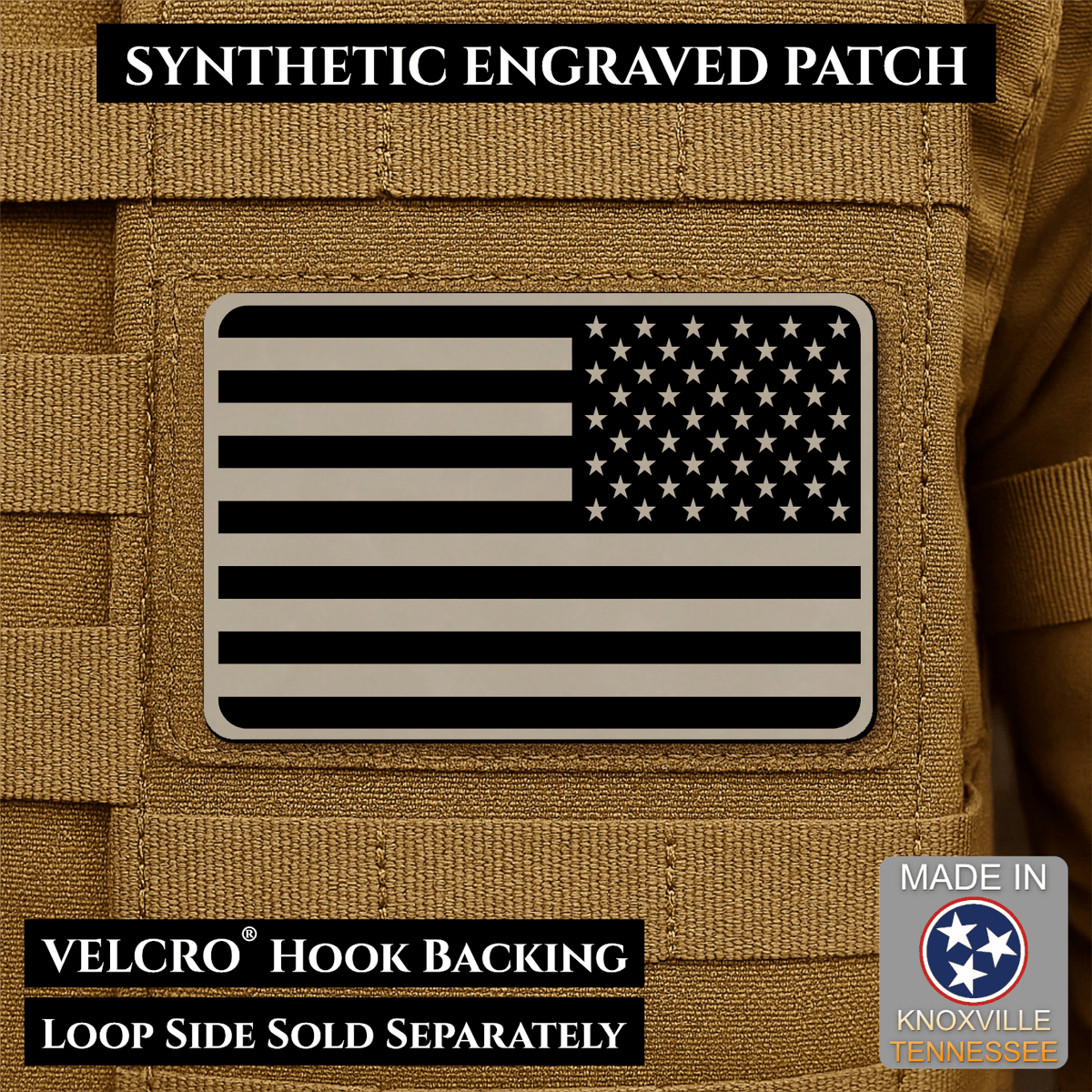 Tactical Synthetic Engraved American Flag Patch, 2x3" | Made in USA | VELCRO® Brand Hook Backing - LoneStar Adhesive