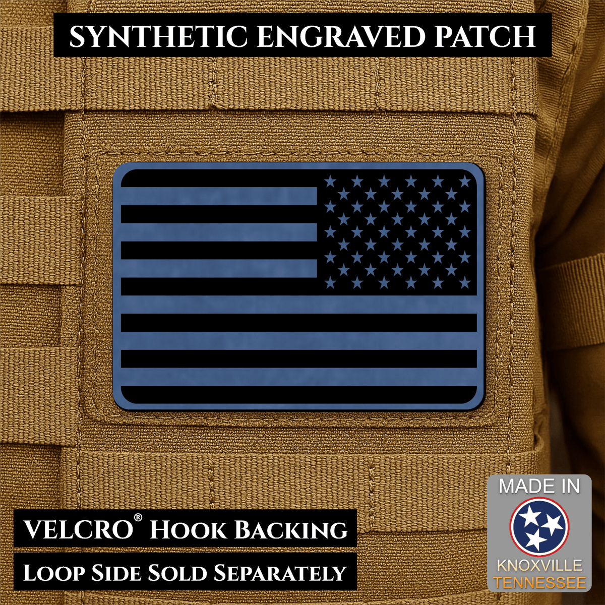 Tactical Synthetic Engraved American Flag Patch, 2x3" | Made in USA | VELCRO® Brand Hook Backing - LoneStar Adhesive