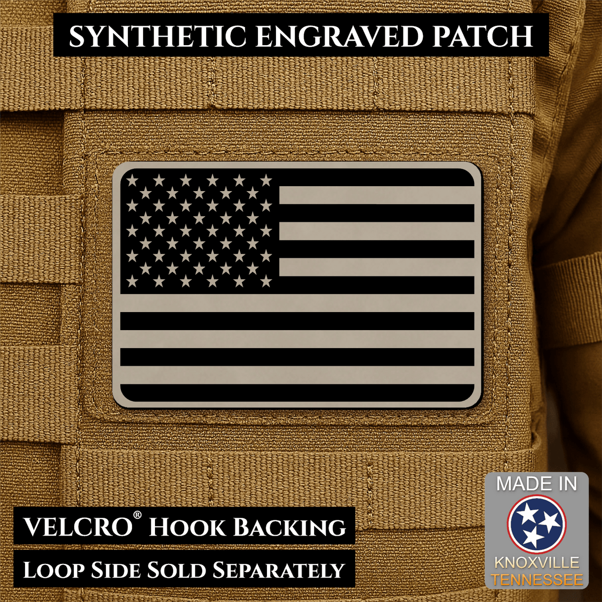 Tactical Synthetic Engraved American Flag Patch, 2x3" | Made in USA | VELCRO® Brand Hook Backing - LoneStar Adhesive