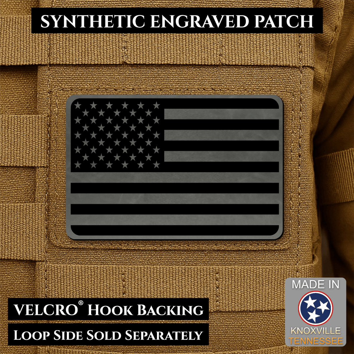 Tactical Synthetic Engraved American Flag Patch, 2x3" | Made in USA | VELCRO® Brand Hook Backing - LoneStar Adhesive
