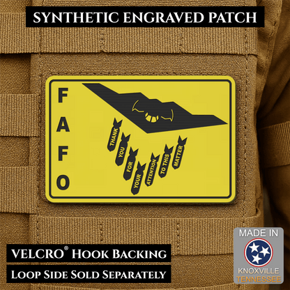 Thank You For Your Attention To This Matter, B2 Bomber Funny Morale Patch, 2x3" | Made in USA | VELCRO® Brand Hook Backing - LoneStar Adhesive