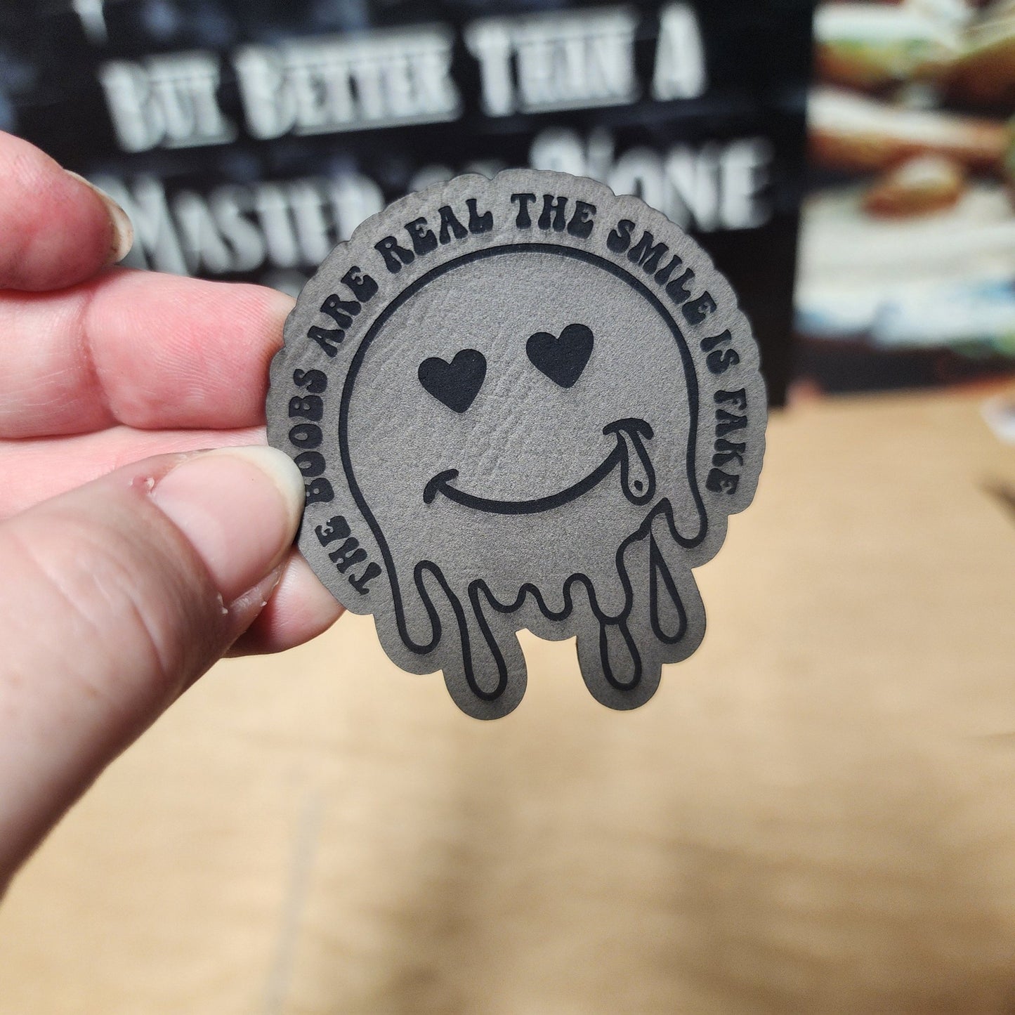 The Boobs and Smile (Grey) Engraved Leatherette Hat Patch - MR01 - LoneStar Adhesive