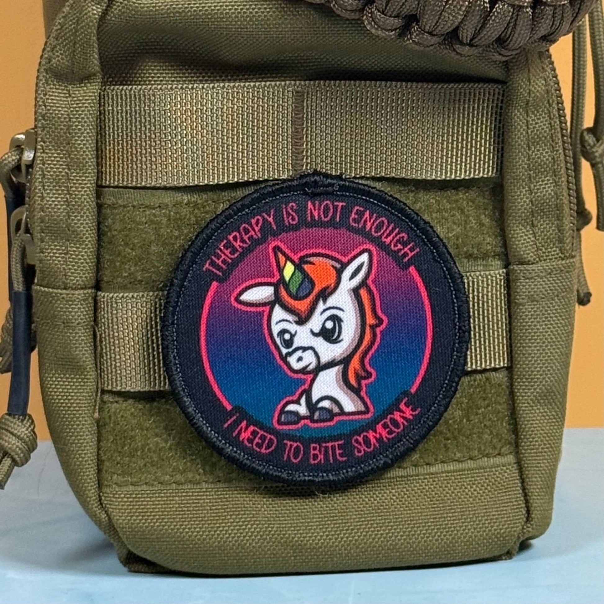 Therapy Unicorn Funny Morale Patch, 3" Round | Made in USA | VELCRO® Brand Hook Backing - LoneStar Adhesive