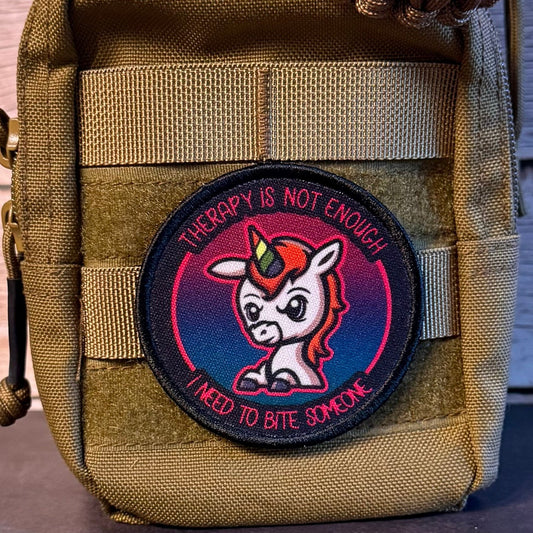 Therapy Unicorn Funny Morale Patch, 3" Round | Made in USA | VELCRO® Brand Hook Backing - LoneStar Adhesive