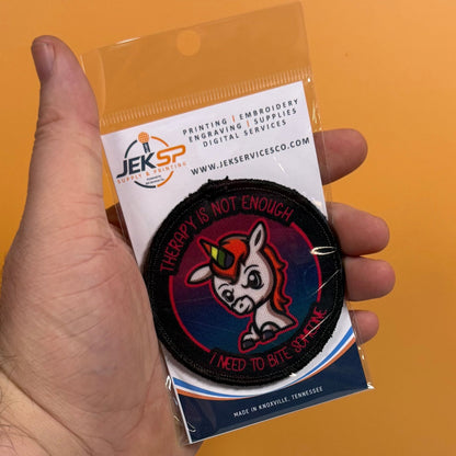 Therapy Unicorn Funny Morale Patch, 3" Round | Made in USA | VELCRO® Brand Hook Backing - LoneStar Adhesive
