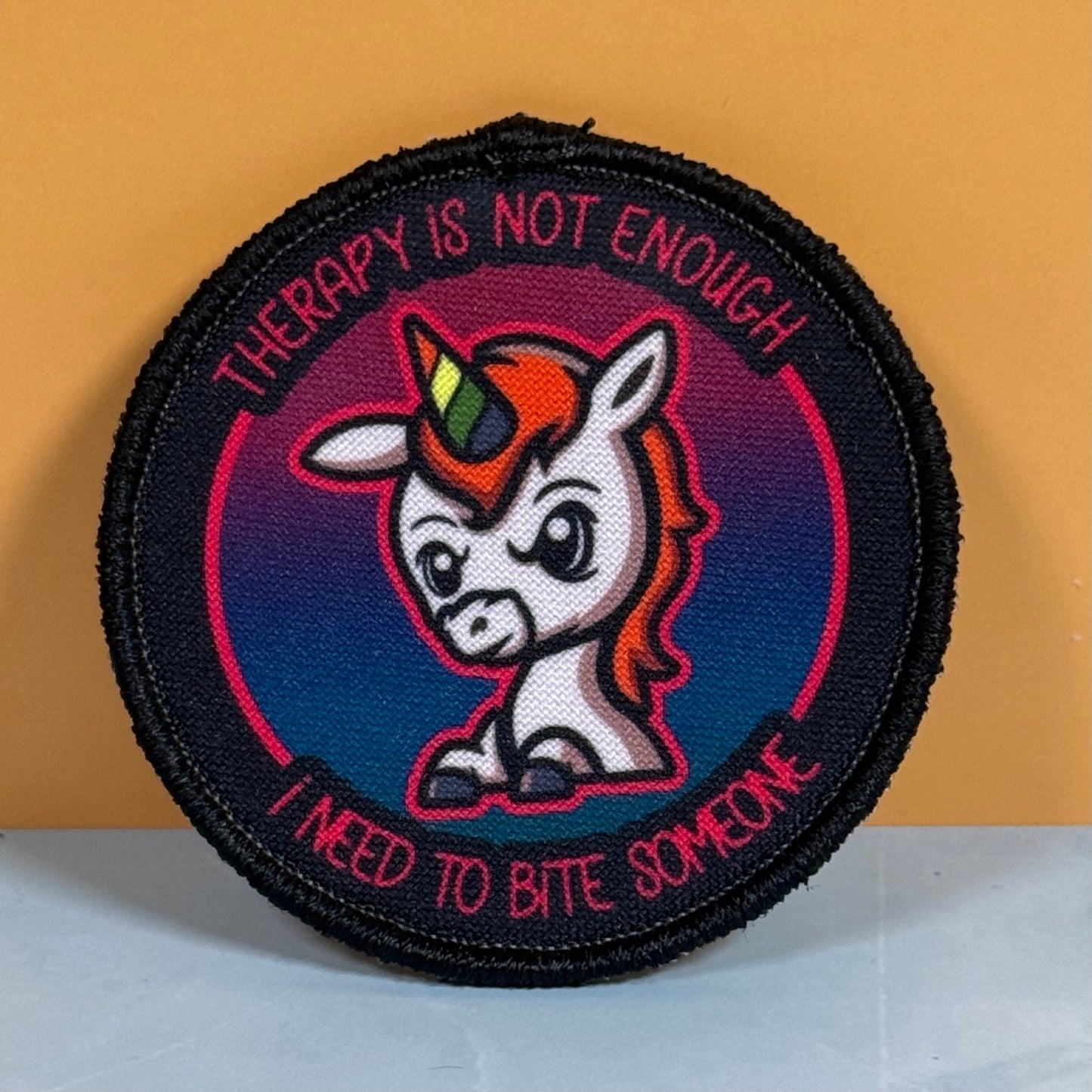 Therapy Unicorn Funny Morale Patch, 3" Round | Made in USA | VELCRO® Brand Hook Backing - LoneStar Adhesive