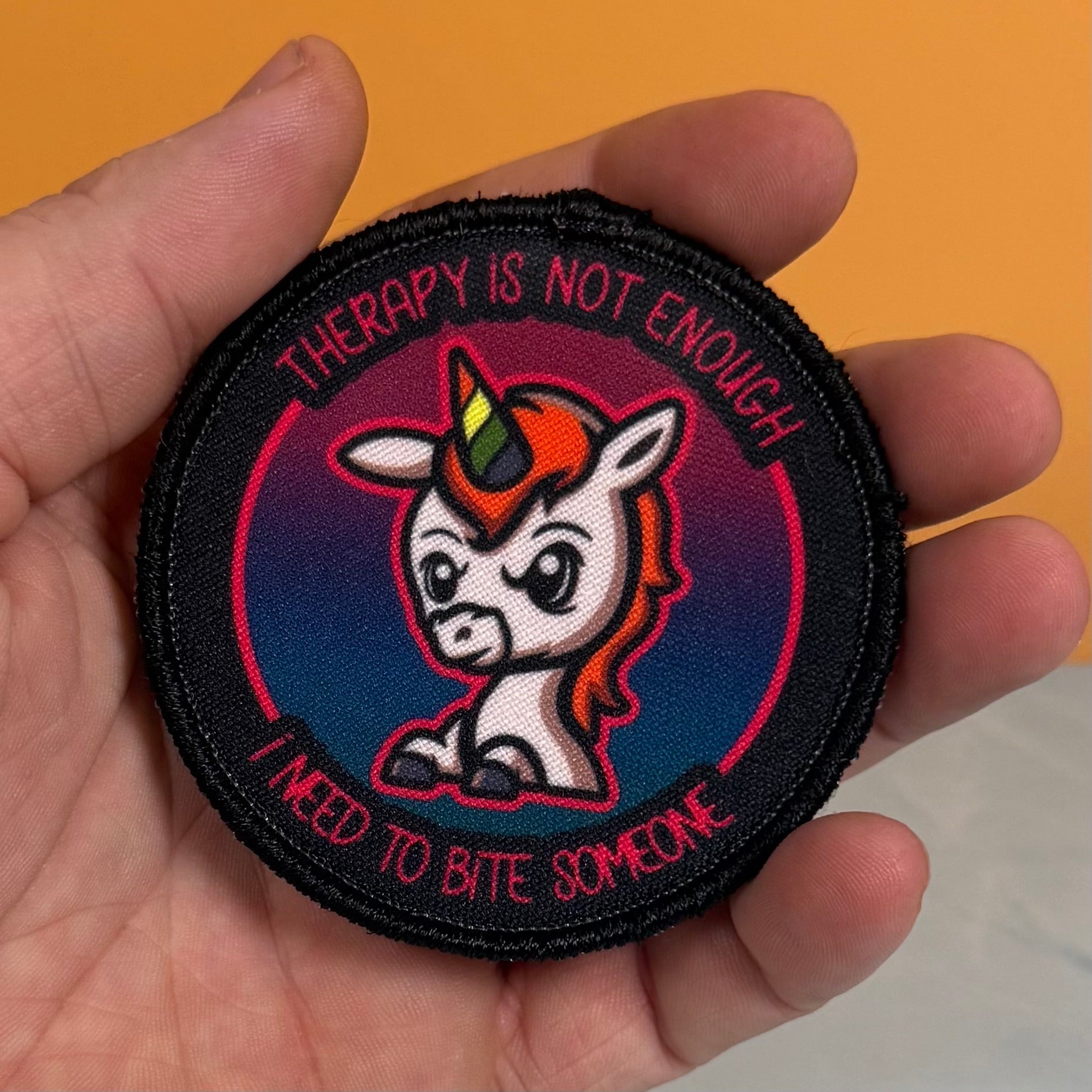 Therapy Unicorn Funny Morale Patch, 3" Round | Made in USA | VELCRO® Brand Hook Backing - LoneStar Adhesive