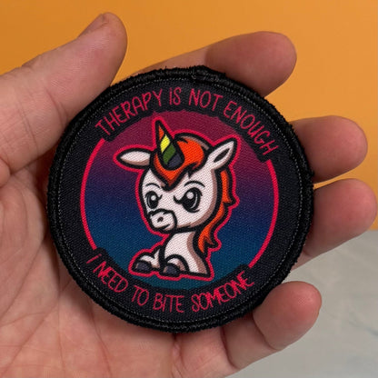 Therapy Unicorn Funny Morale Patch, 3" Round | Made in USA | VELCRO® Brand Hook Backing - LoneStar Adhesive