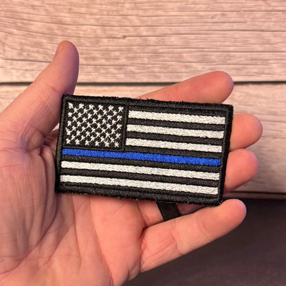 Thin Blue Line American Flag Patch for Law Enforcement, 2x3.5" | Made in USA | VELCRO® Brand Hook Backing - LoneStar Adhesive