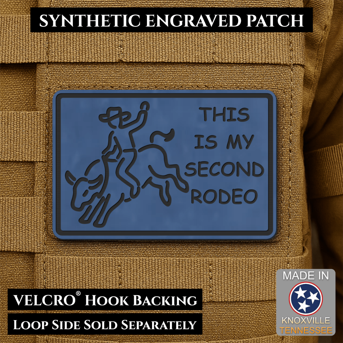 Front design and hook backing of This Is My Second Rodeo patch in indigo blue
