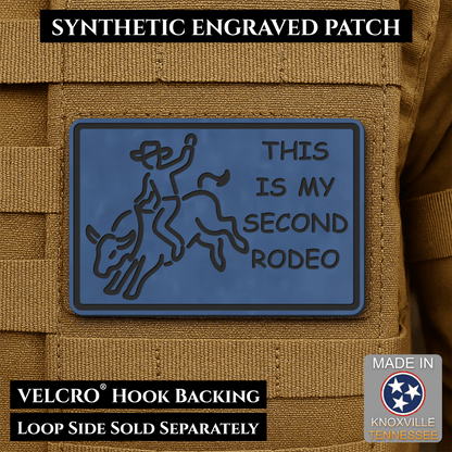 Front design and hook backing of This Is My Second Rodeo patch in indigo blue