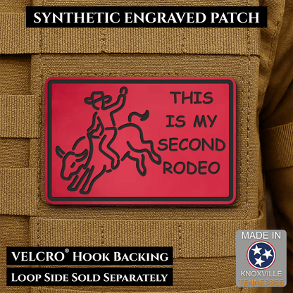 Front design and hook backing of This Is My Second Rodeo patch in red