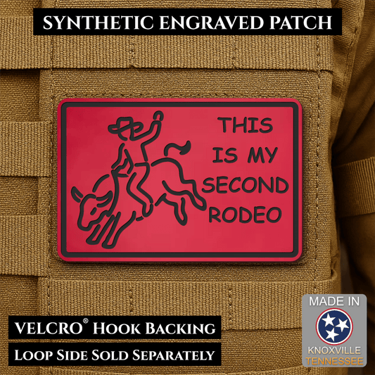 Front design and hook backing of This Is My Second Rodeo patch in red