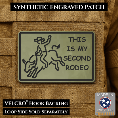 Front design and hook backing of This Is My Second Rodeo patch in olive green