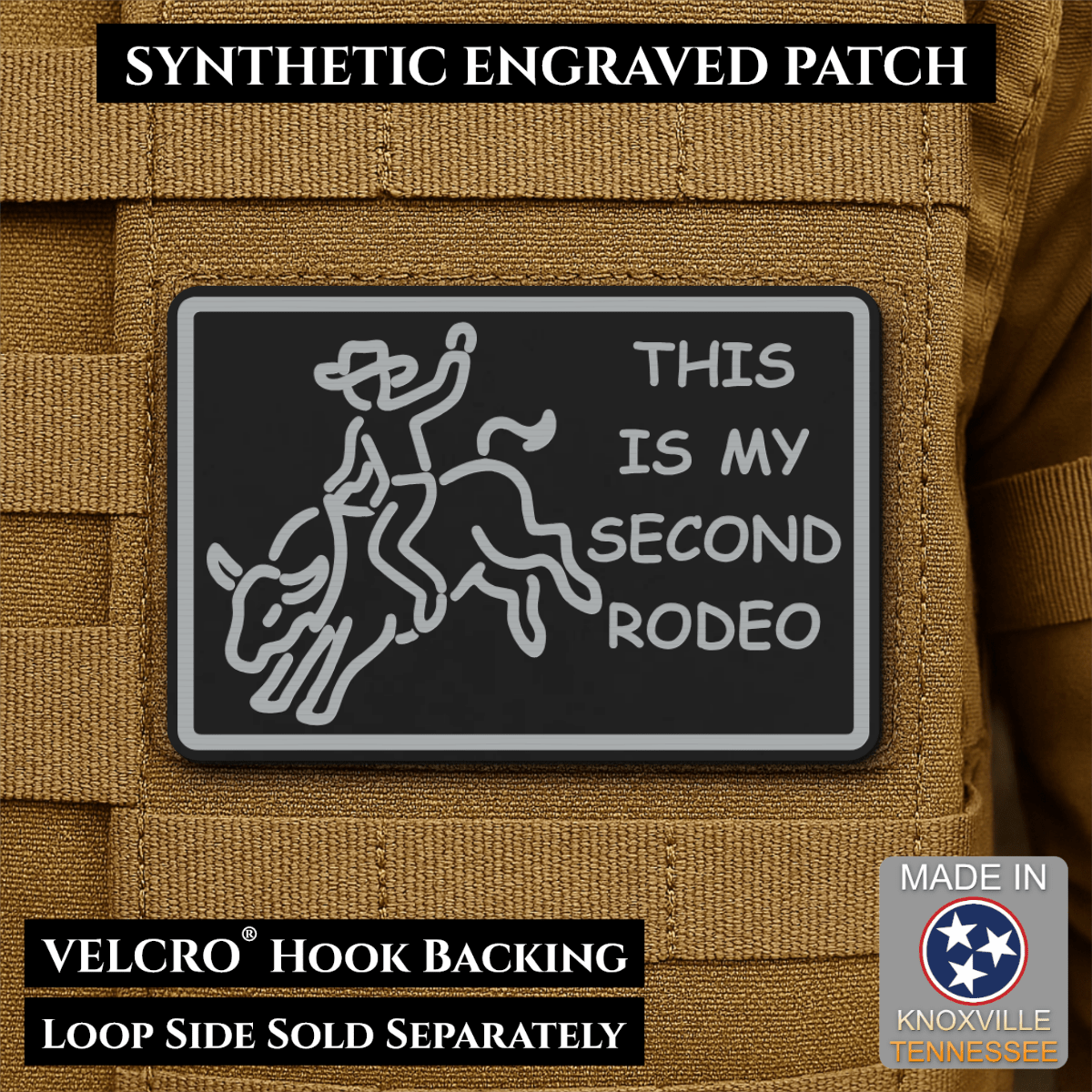 Front design and hook backing of This Is My Second Rodeo patch in black / silver