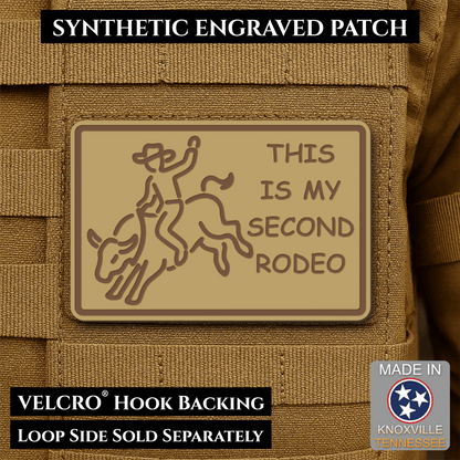 Front design and hook backing of This Is My Second Rodeo patch in desert tan / brown