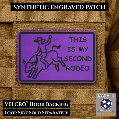 Front design and hook backing of This Is My Second Rodeo patch in purple