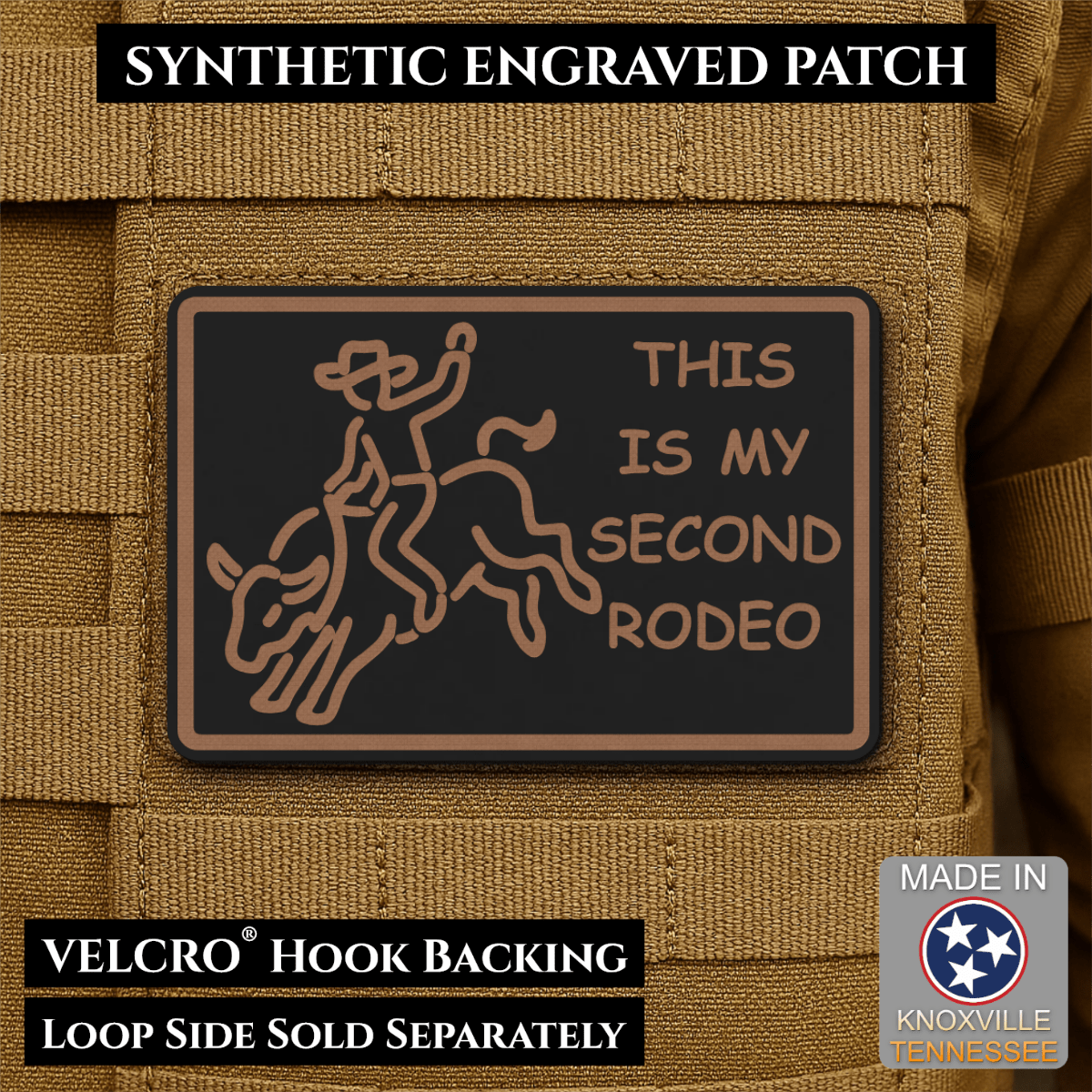 Front design and hook backing of This Is My Second Rodeo patch in black / copper