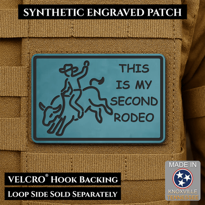 Front design and hook backing of This Is My Second Rodeo patch in topaz blue