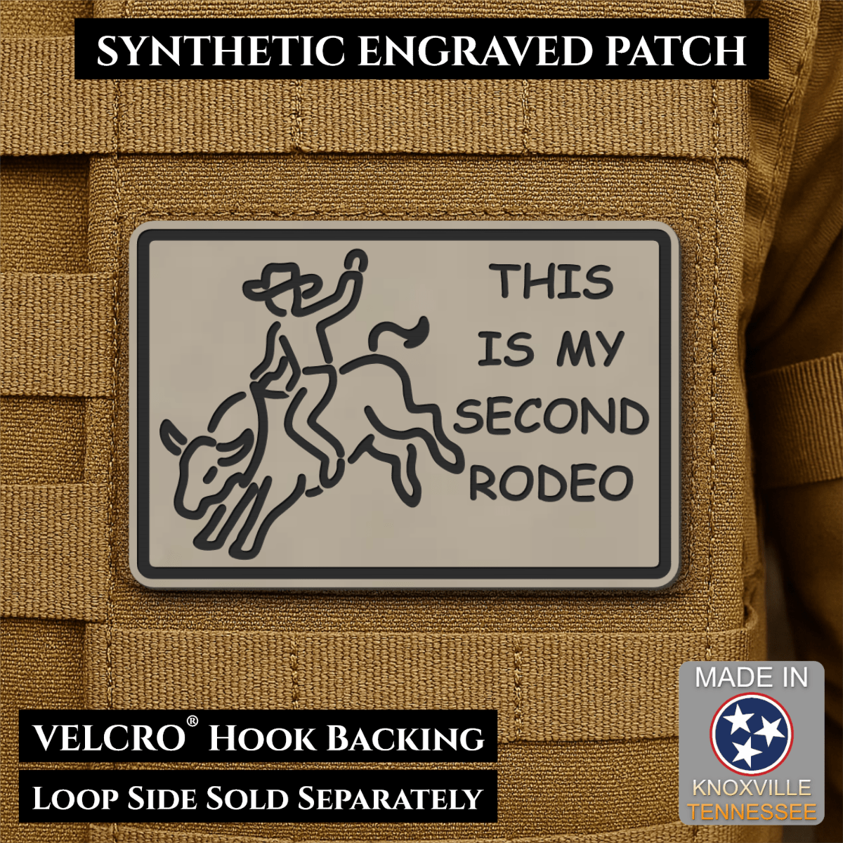 Front design and hook backing of This Is My Second Rodeo patch in sand (light tan)