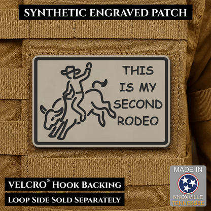 Front design and hook backing of This Is My Second Rodeo patch in sand (light tan)