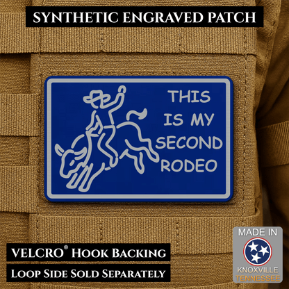 Front design and hook backing of This Is My Second Rodeo patch in blue / silver