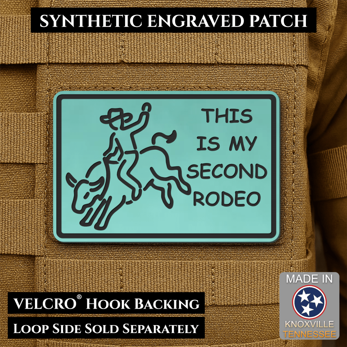 Front design and hook backing of This Is My Second Rodeo patch in seafoam