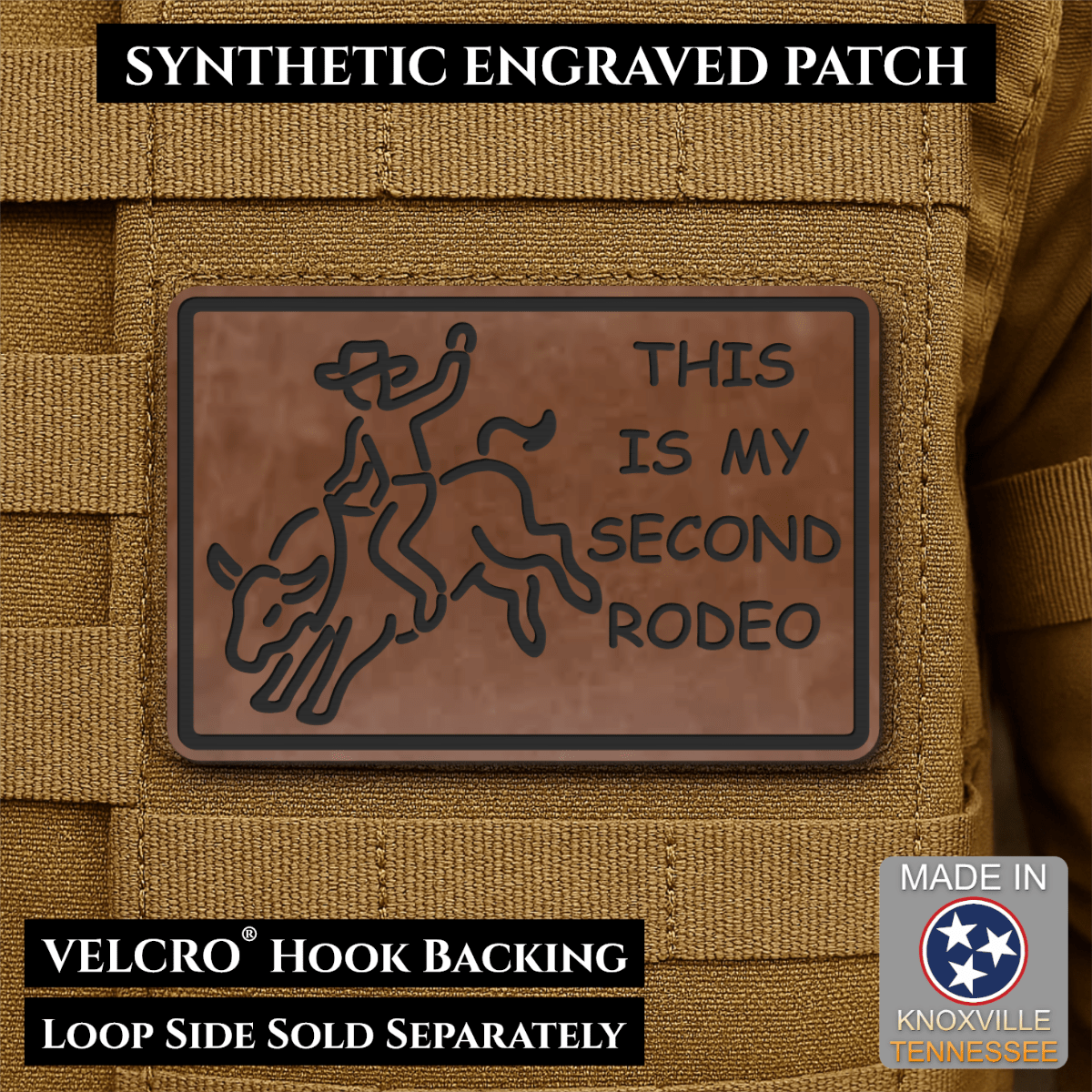 Front design and hook backing of This Is My Second Rodeo patch in walnut faux leather