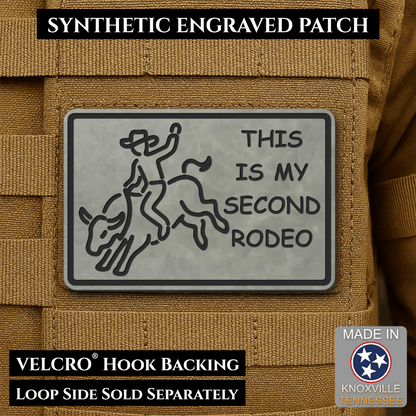 Front design and hook backing of This Is My Second Rodeo patch in flint gray
