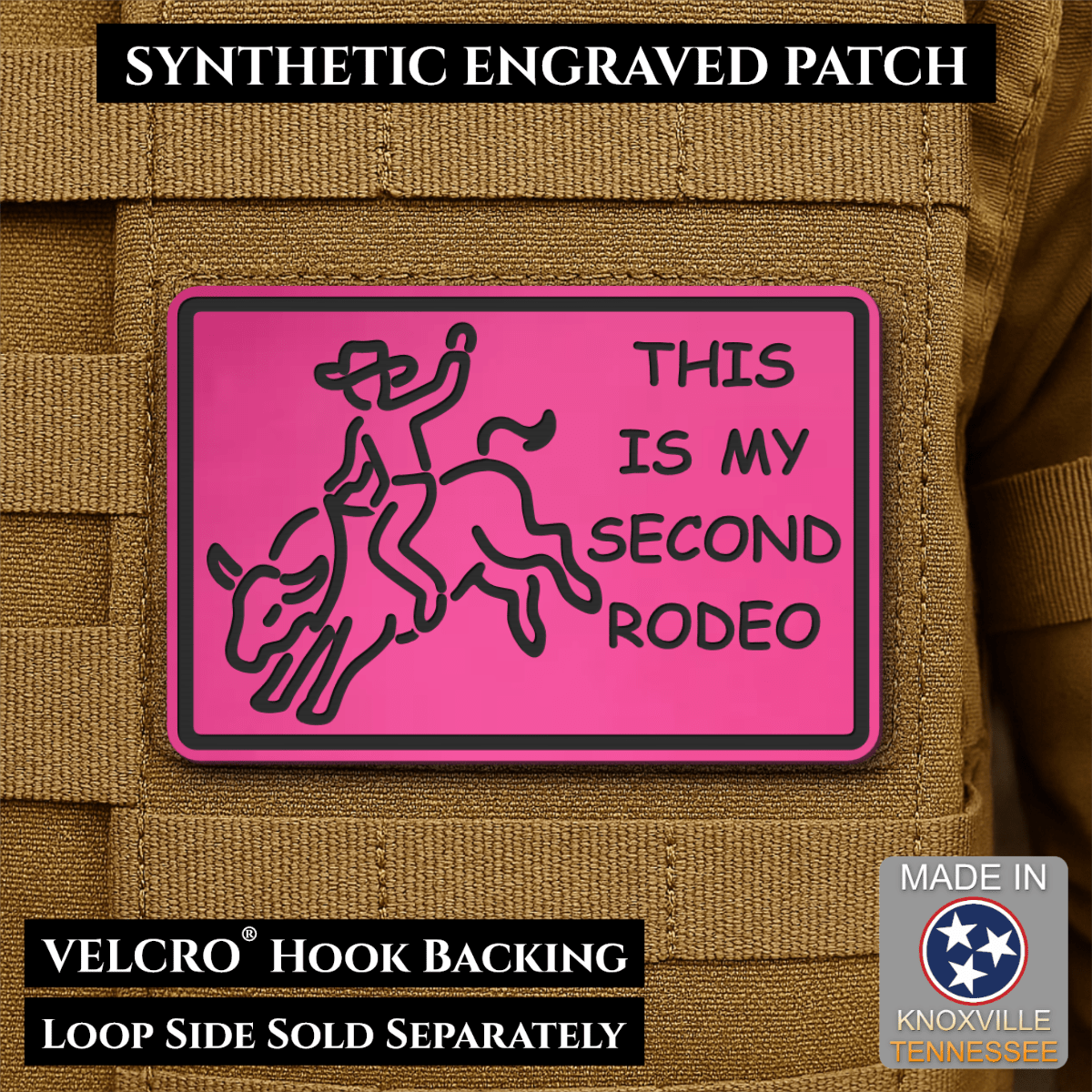 Front design and hook backing of This Is My Second Rodeo patch in pink