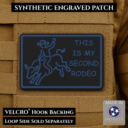 Front design and hook backing of This Is My Second Rodeo patch in black / blue