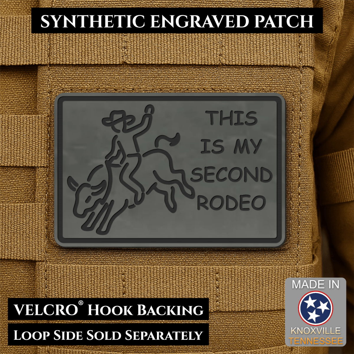 Front design and hook backing of This Is My Second Rodeo patch in charcoal gray