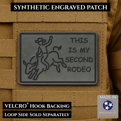 Front design and hook backing of This Is My Second Rodeo patch in charcoal gray