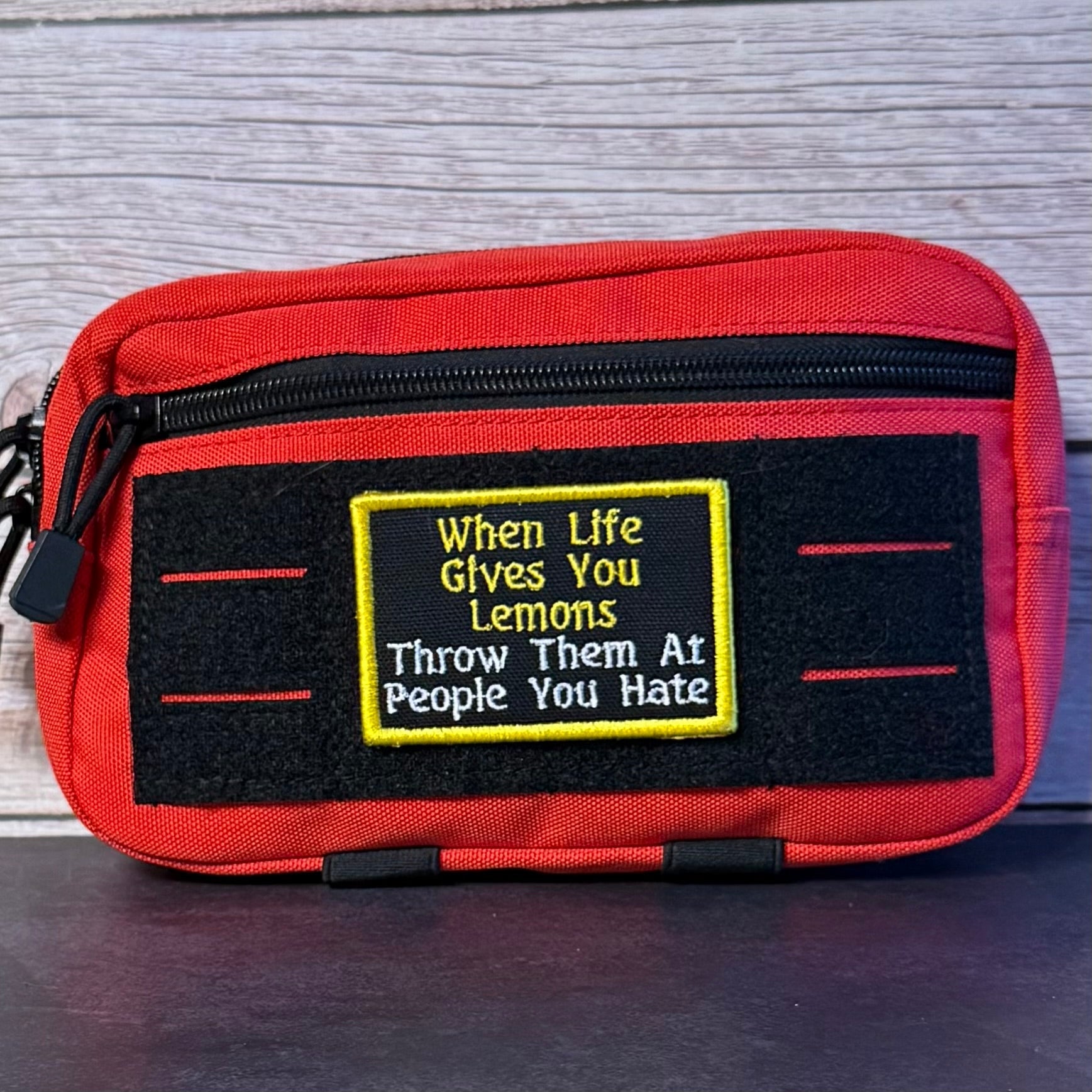 Throw Lemons At People You Hate Funny Morale Patch, 2x3" | Made in USA | VELCRO® Brand Hook Backing - LoneStar Adhesive