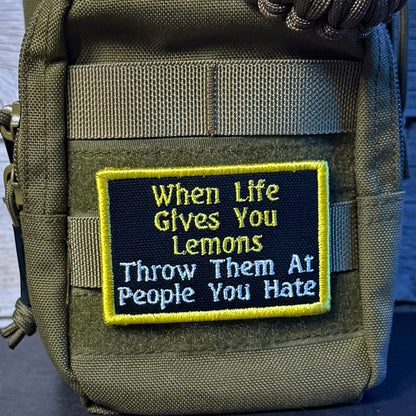 Throw Lemons At People You Hate Funny Morale Patch, 2x3" | Made in USA | VELCRO® Brand Hook Backing - LoneStar Adhesive