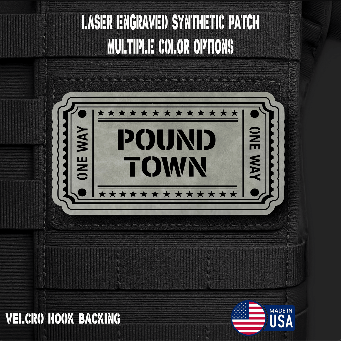 Ticket to Pound Town Funny Morale Patch | Made in USA | VELCRO® Brand Hook Backing - LoneStar Adhesive