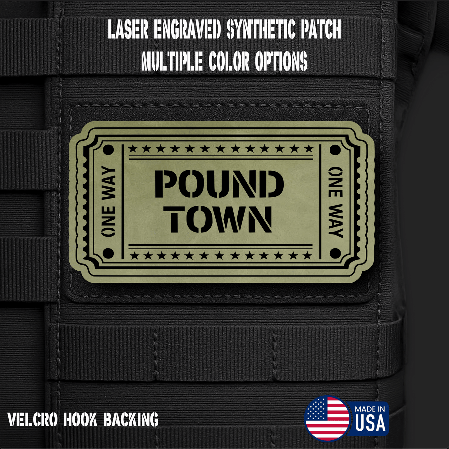 Ticket to Pound Town Funny Morale Patch | Made in USA | VELCRO® Brand Hook Backing - LoneStar Adhesive